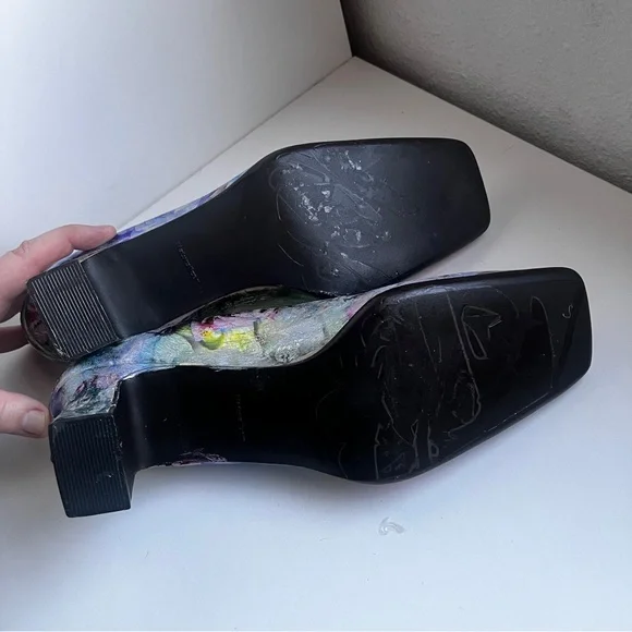 Unique custom foil pastel floral leather block heels size 8.5
